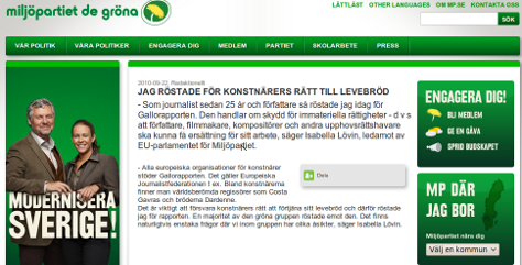Skärmbild från Miljöpartiets hemsida Skärmbild från Miljöpartiets hemsida